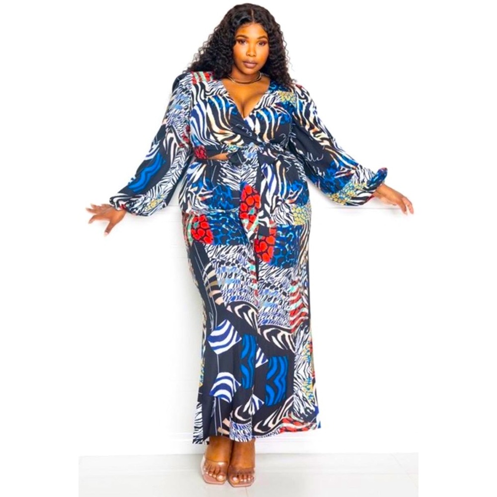 Blue Animal Print Wrap Top & Palazzo Pant Set